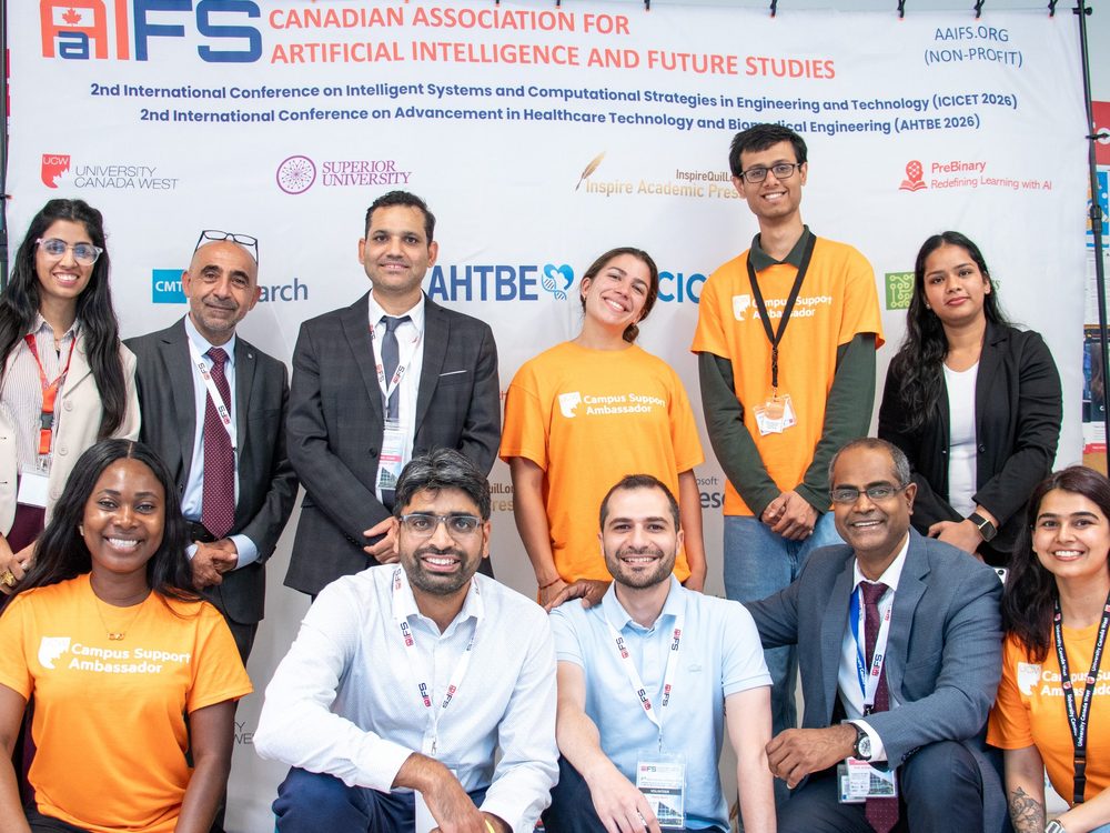 Conference volunteers at the AHTBE 2026 healthcare technology and biomedical engineering conference, Vancouver, Canada